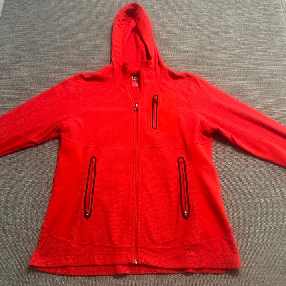 REI Fleece Jacket Women XL Red Full Zip Hooded Grid Activewear